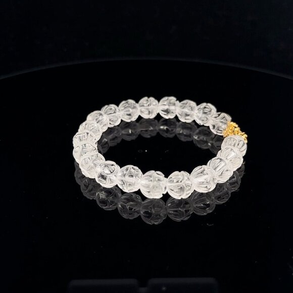 18K Gold Dragon Pixiu Piyao Bracelet Gemstones Clear Quartz Carved Lotus 7.5mm - Picture 4 of 6